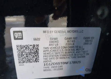 2022 Chevrolet Malibu Fwd Lt from USA, damaged, VIN 1G1ZD5ST0NF178925